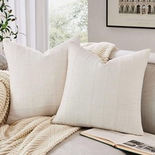 Linen Checked Throw Pillow Covers Set of 2, 18" x 18" Pack of 2 Ivory/Cream