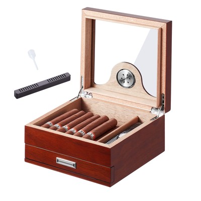 Spanish Cedar Wood Humidor With Glass Top - Holds 20-25 Cigars, Includes Hygrometer & Humidifier