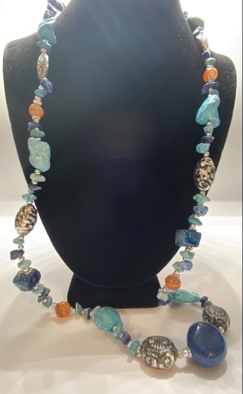 Silver Tone Turquoise & Lapis Lazuli Beaded Necklace 103.7g
