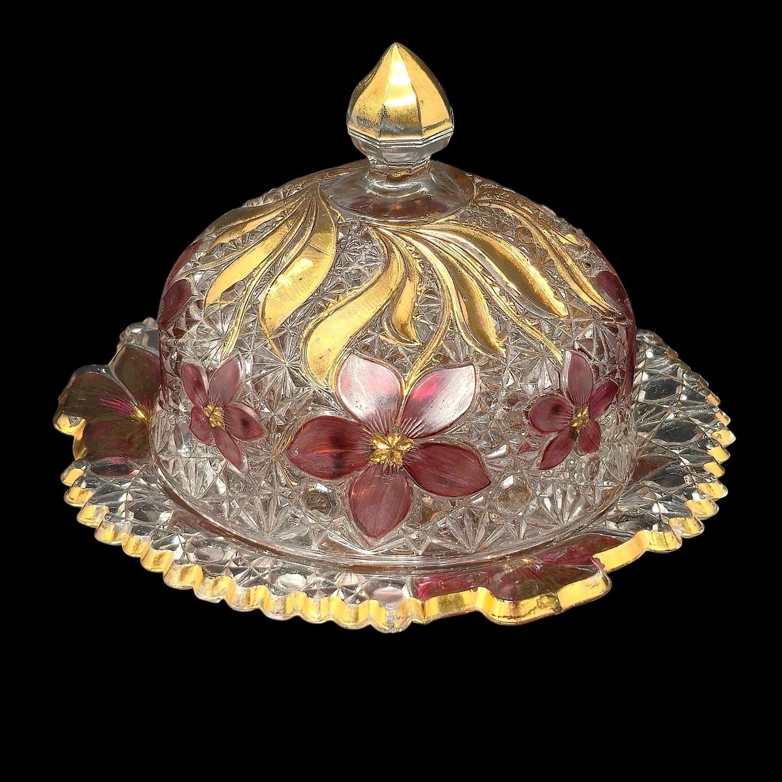INDIANA GLASS RUBY AND GOLD FLASH DAISY & BUTTON NARSISSUS BUTTER DISH CA1910
