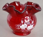 Vintage Fenton Signed Hand Painted Floral Ruby Red Glass Ruffle Bowl Vase