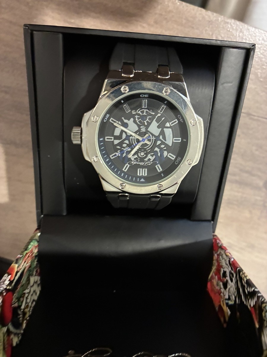 Ed Hardy Men's Skeleton Dial Quartz Wristwatch Black Rubber Band w