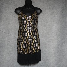 Weissman Flapper Dance Costume Dress XLC Girls Size 16 18 Black Gold Sequin 20s
