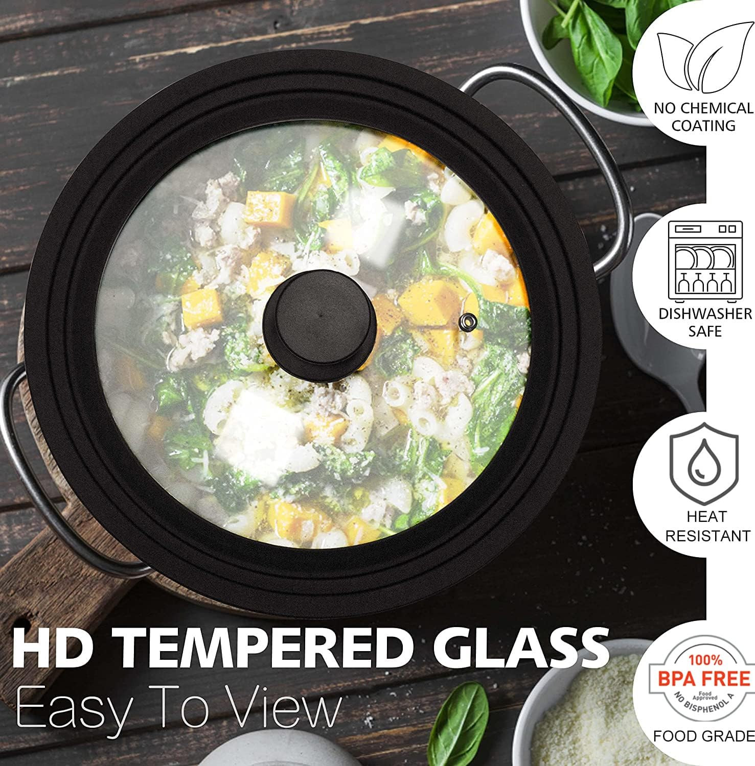Silicone Universal Lid for Pots, Pans and Skillets - Tempered Glass Covered with
