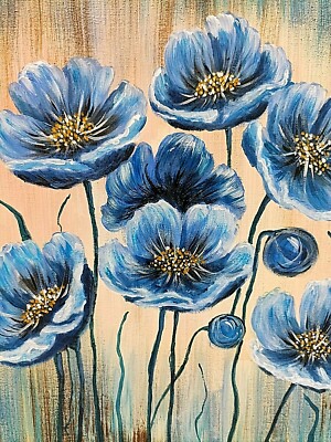 Handmade original modern abstract blue flowers floral acrylic wall