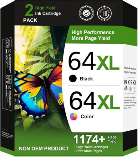 re manufactured Ink Cartridge Replacement Hp Ink 64xl Color Black Lot Of 2