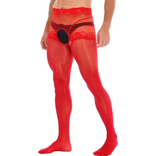Collant uomo lingerie aperto all'uncinetto collant lucido senza cavallo calze pizzo - Foto 11 di 76