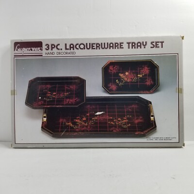 Vintage 3 Piece Lacquerware Tray Set Floral Grid Japan
