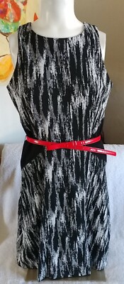 Cach'e Womens Blk And White Back Zip Belted Dress Sz 10 NWOT
