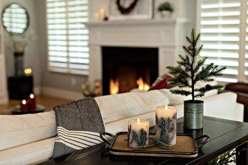 Matchless Flameless Holiday Pillar Candle (4.5 Inch, White with Pine and - Picture 5 of 5