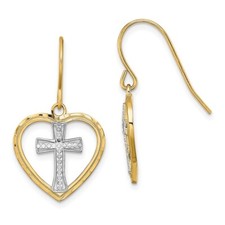 15.65mm 14K Yellow Gold w/ Rhodium Cross In Center Heart Earrings