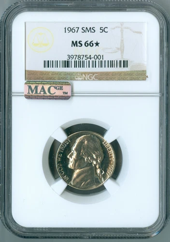 1967 SMS NGC MS66* (STAR) JEFFERSON NICKEL 5c MACPQ PROOF-LIKE CONTRAST,SPOTLESS