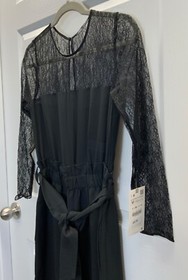 NWT ZARA Black Lace Contrast Ruffled Tie Waist Wide Leg Cropped Jumpsuit, MEDIUM