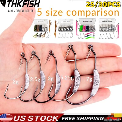 #ad #ad 25Pcs Fishing Hooks Weighted Swimbait Hooks 5 Sizes for Soft Plastics Worm Hooks $15.19
