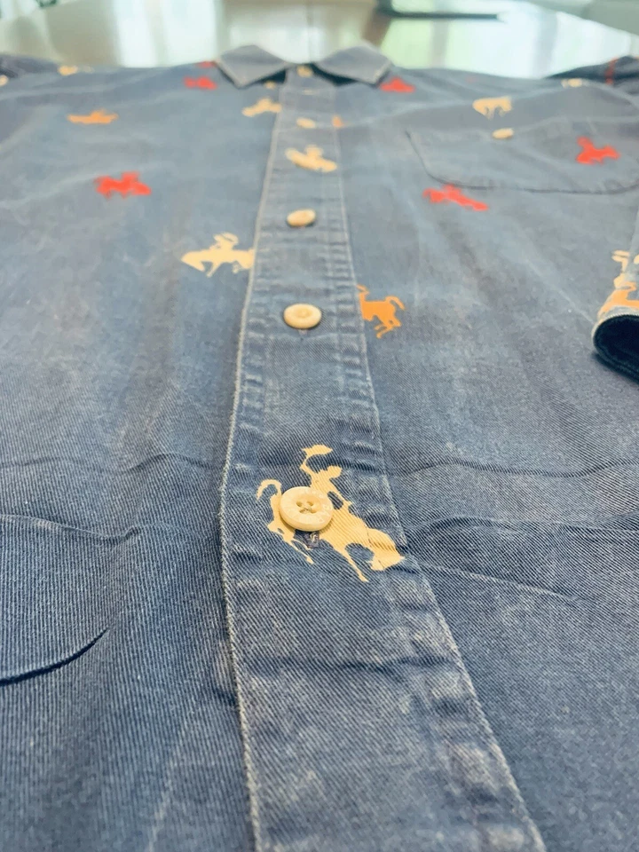 Camisa De Colección Granero Mosca Rodeo Estampado Para Hombres M/L Denim Azul Clásica Oeste EE. UU. Desteñida Foto 4 de 4