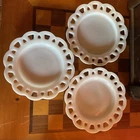 3 Vintage Hazel Atlas Open Lace Edge Milk Glass Salad Luncheon Plates 8”