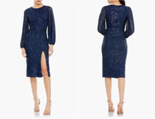 MAC DUGGAL SEQUINED PUFF SLEEVE HIGH NECK MIDNIGHT NAVY GOWN sz 16