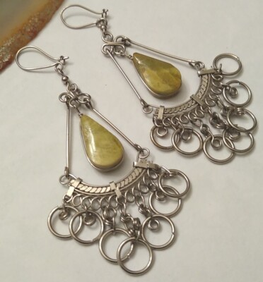 Vintage BOHO Native American AGATE? Greenish, Artisan Handcrafted Earrings!