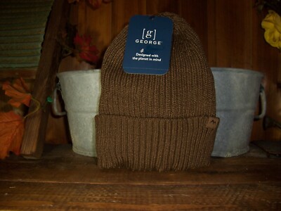 GEORGE MENS RIBBED BEANIE TOBOGGAN HAT BROWN THICK WARM WINTER HEAD COVER NEW