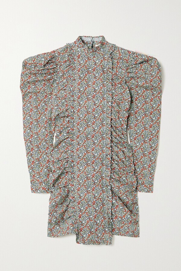 ganni ruched floral dress GANNI floral-print Ruched Minidress | Neutrals