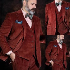 Vintage Corduroy Men Suits 3 Piece Business Blazer Wedding Groom Tuxedo