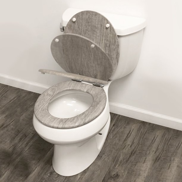 Home Round Distressed Wood Decorative Toilet Seat, Gray