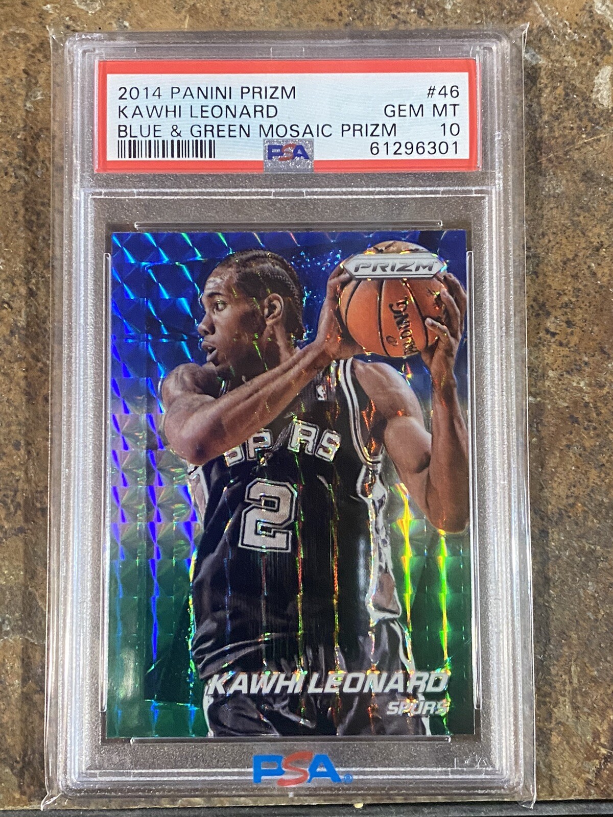 2014 Panini Prizm Kawhi Leonard Blue & Green Mosaic Prizm PSA 10