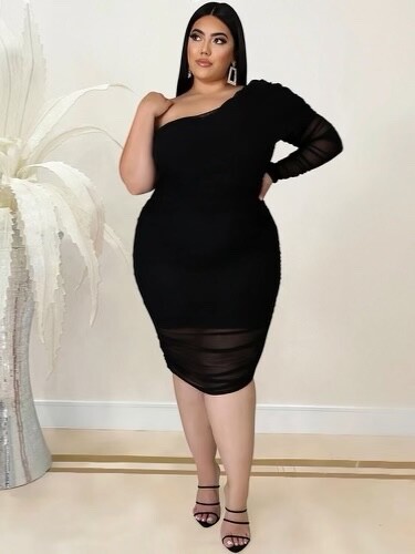 plus size black dress one sleeve off the shoulder