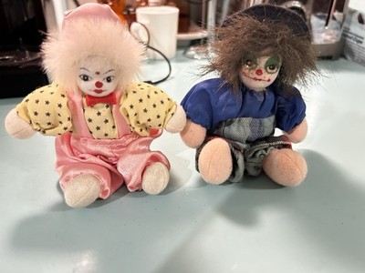 2 Creepy Vintage Q-tee Clown Dolls- Halloween scary-spooky little porcelain face