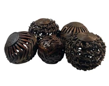 Lot of 5 Wicker Rattan Balls Orbs  4”-5”Decorative Ball Bowls Deep Brown