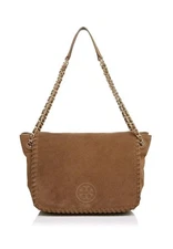 Tory Burch Marion Flap Shoulder Bag Brown Suede Leather Chain Strap Stitch Whip