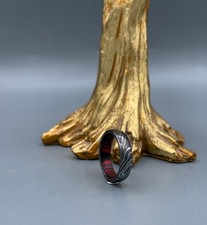 Damascus Steel Ring with Red Wood Interior: Handcrafted Men  s Wedding Band