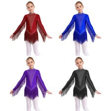 Kids Girls Leotard Carnival Bodysuit Belly Dancewear Long Sleeve Tassels Show