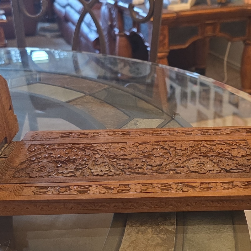 Vintage Hand-Carved Brown Wood Adjustable Folding Book Stand with Camel Ends