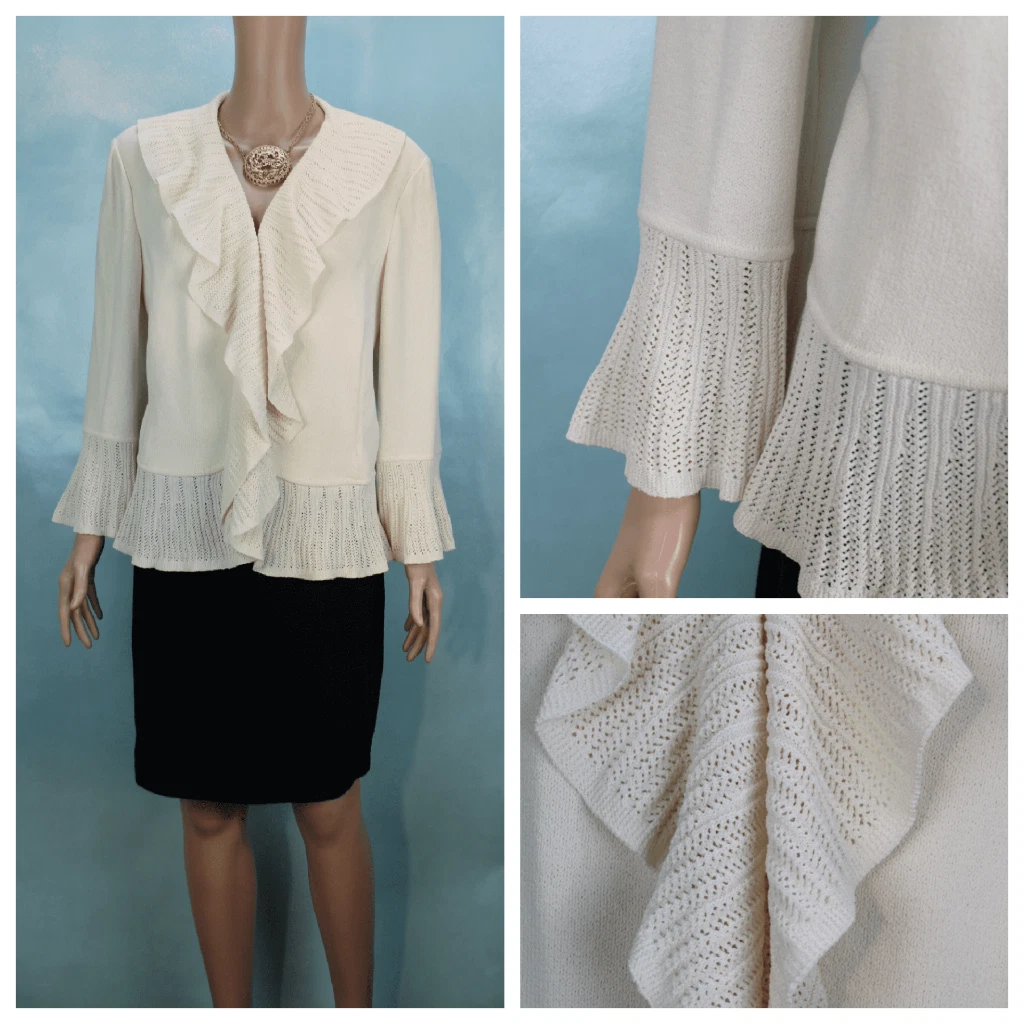 OFF WHITE Giacca blazer St. John Off White L 16 18 bordo arricciato cravatta davanti dettaglio uncinetto