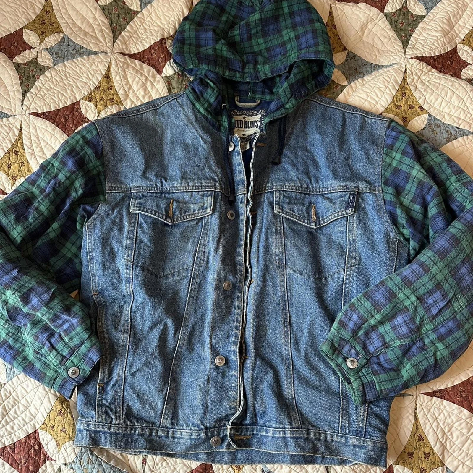 Vintage Fluid Blues denim jacket with green plaid hood & sleeves Size M