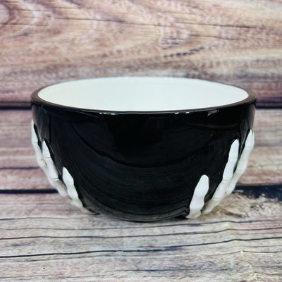 Ceramic Skeleton Hand Holding Black Bowl Halloween 