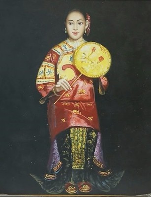 Reproduktion des Gemäldes von Chen Ye Fei ''Maiden Holding Fan'' goldener Rahmen