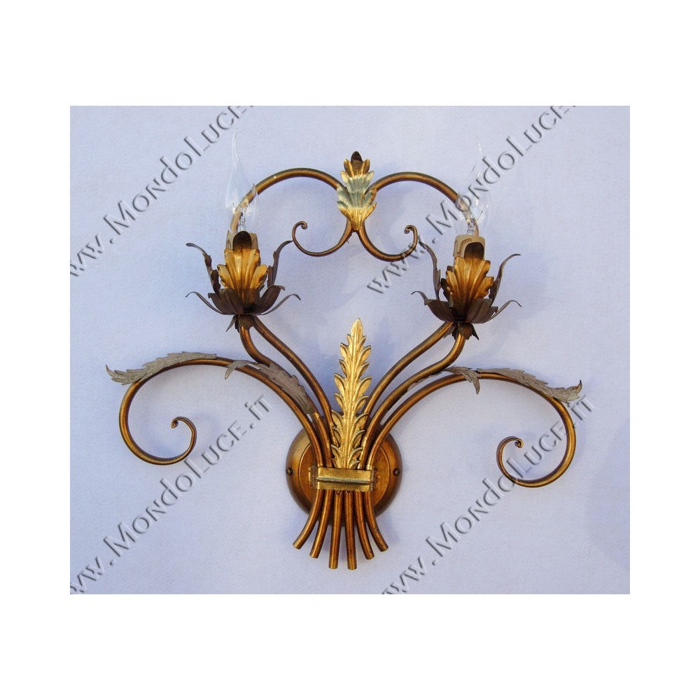 Applique 2 Luci Ferro Battuto Forgiato Foglia Oro ART.ALF201 | Made in Italy