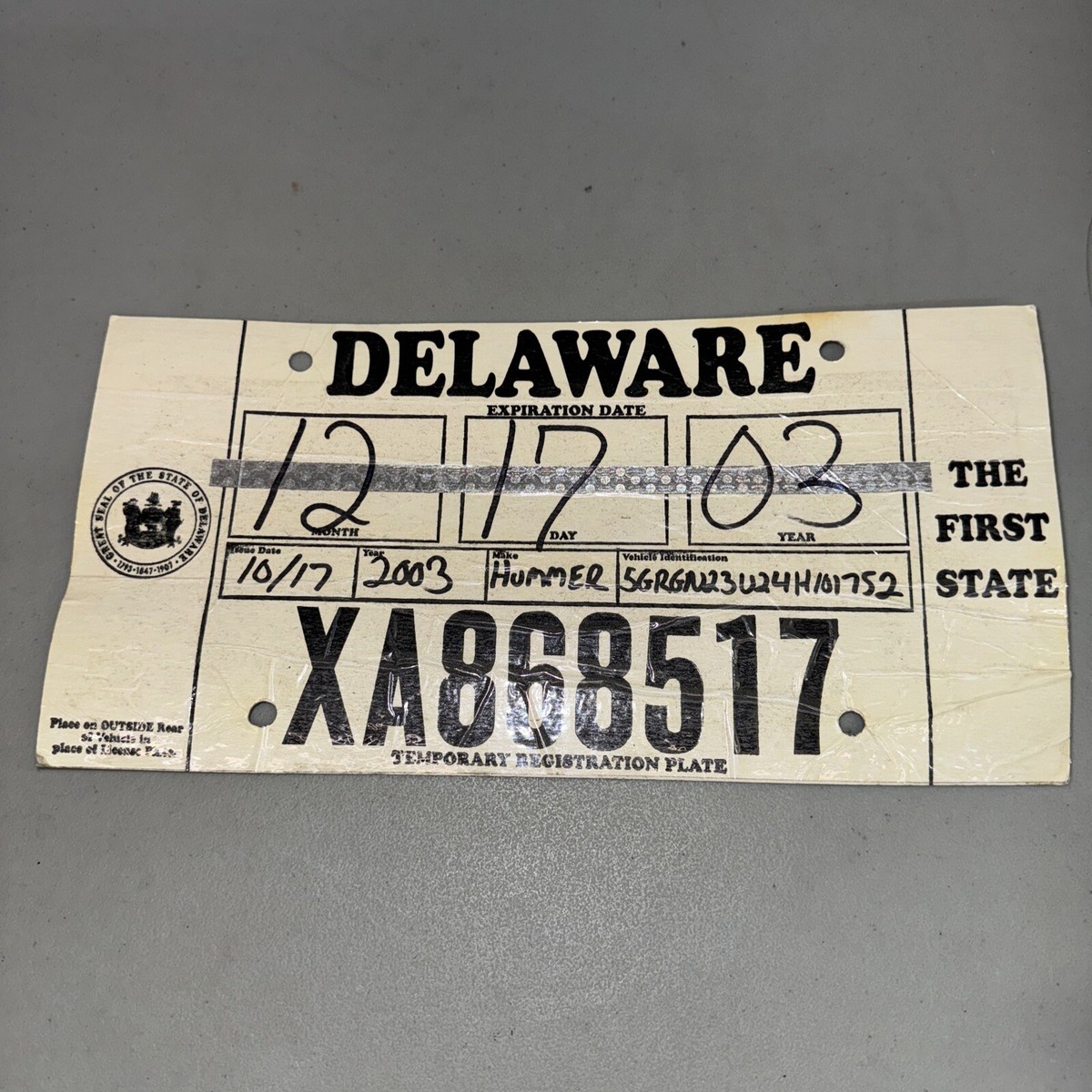 2003 Delaware TEMPORARY License Plate Tag GMC Hummer! Cardboard