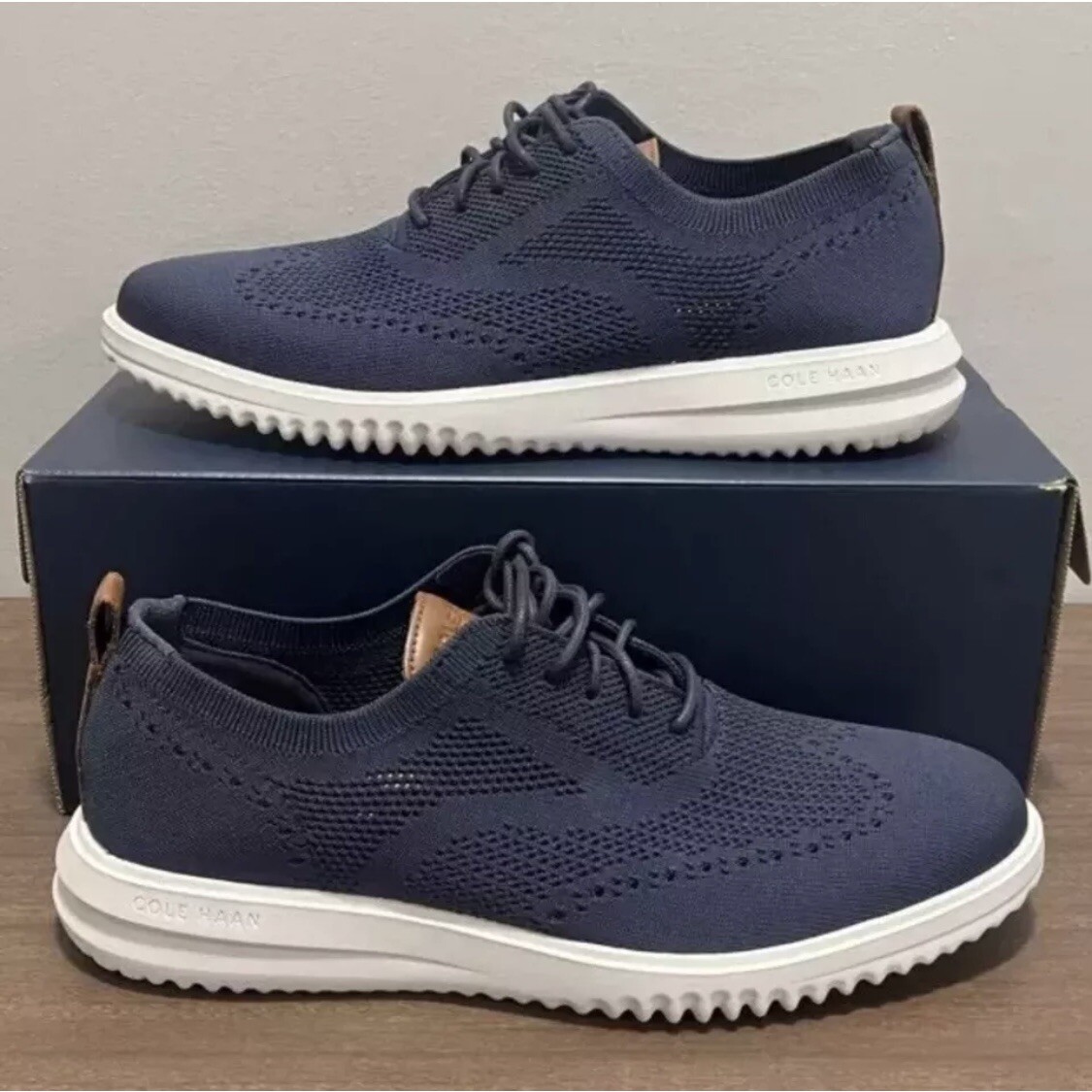 Cole Haan Grand Stretch Knit Wing Tip Oxford Shoes Navy Blue  display picture 2