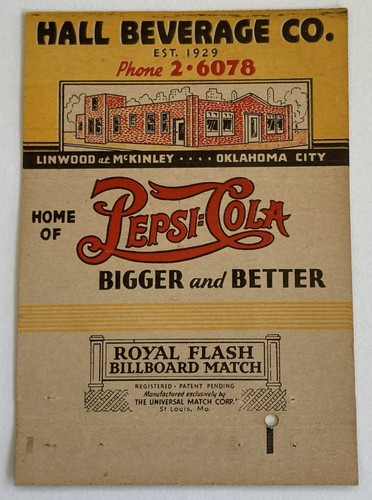 Pepsi: Cola Large Matchbook Hall Beverage Oklahoma City Cover Bigger Better Soda - Foto 3 di 5