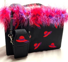 SANDOL- Red Hat Society- Embroidered Handbag with Feather trim