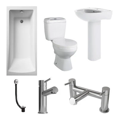 NUIE Modern Complete Bathroom Suite Bath Tub, Taps, Toilet & Full Pedestal Basin