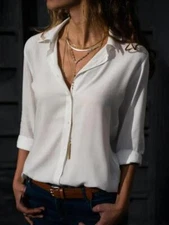 Women's Chiffon Long Sleeve Button Down Shirt Blouse Ladies V-neck Tops S-5xl
