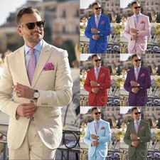 Linen Men Suits 2 Pieces Peak Lapel Formal Wedding Work Summer Men Blazers