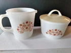 Vintage Pyrex Milk Glass Creamer and Suger, w/lid Brown Flowers Floral Summer