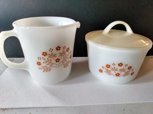 Vintage Pyrex Milk Glass Creamer and Suger, w/lid Brown Flowers Floral Summer