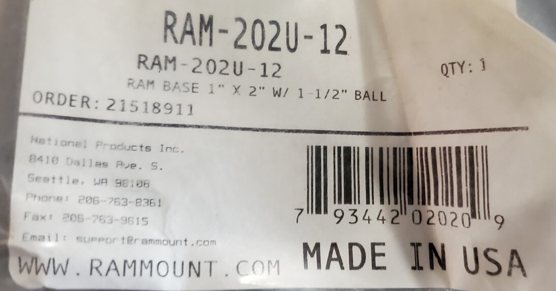 RAM-202U-12 RAM Mounts C-Size 1.5-Inch Ball Base with 1.5-Inch 2-Hole Pattern