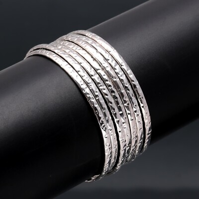 7 Pcs Hammered Design 925 Sterling Silver Artist Therapy Bangle Jewelry For Gift